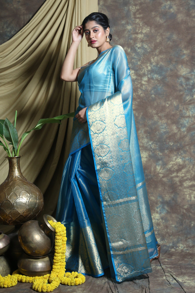 Blue Tissue Saree With Golden Zari Weaving freeshipping - Charukriti