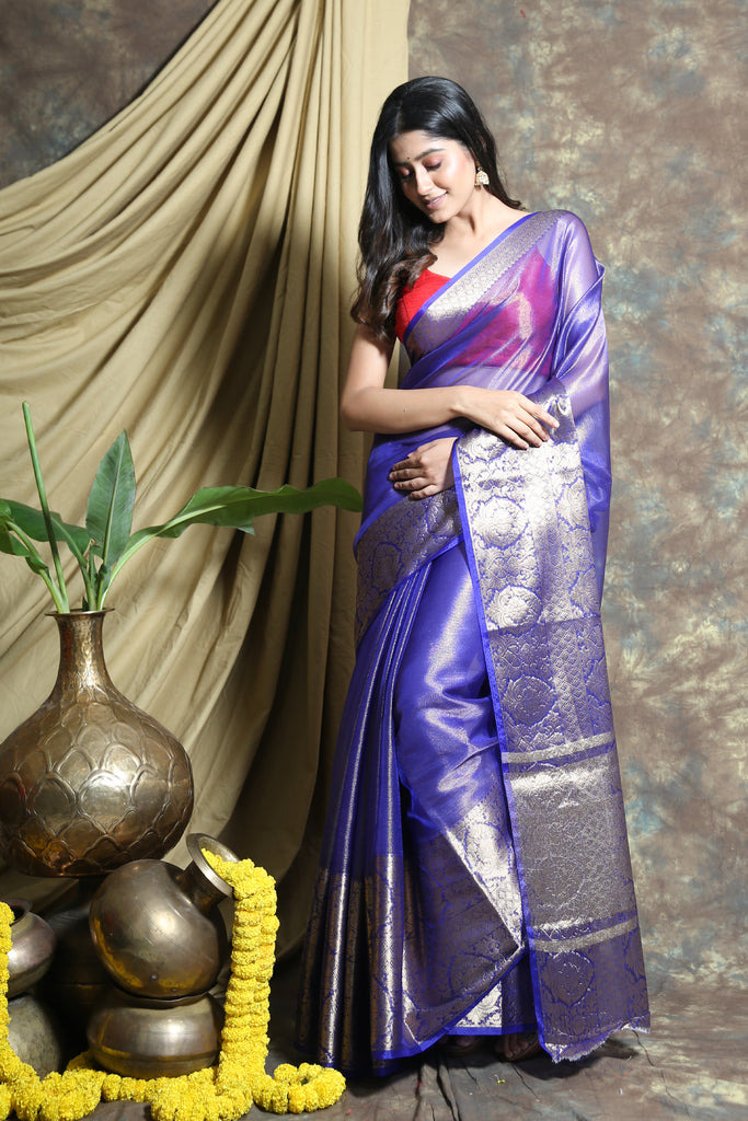 Blue Tissue Saree With Silver Zari Weaving freeshipping - Charukriti