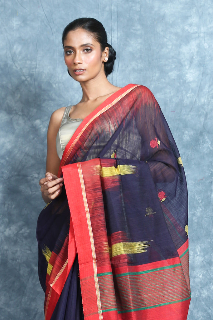 Ikkat Desing Navy Blue Handloom Saree freeshipping - Charukriti