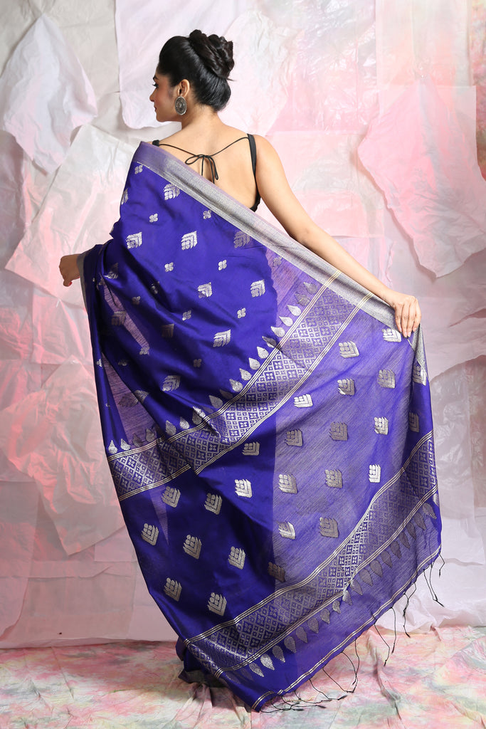 Royal Blue Leaf Motif Zari Weaving Handloom Saree freeshipping - Charukriti